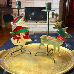 Vintage Santa & Reindeer Christmas Candle Holder Set - Metal Holiday Decor